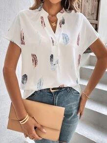 SHEIN LUNE Feather Print Batwing Sleeve Popover Blouse - White - View 6