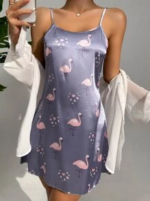 火烈鳥圖案緞面吊帶睡裙 - 淺灰紫 - 查看 4