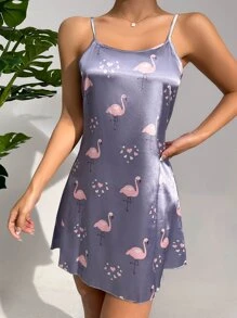 火烈鳥圖案緞面吊帶睡裙 - 淺灰紫 - 查看 3