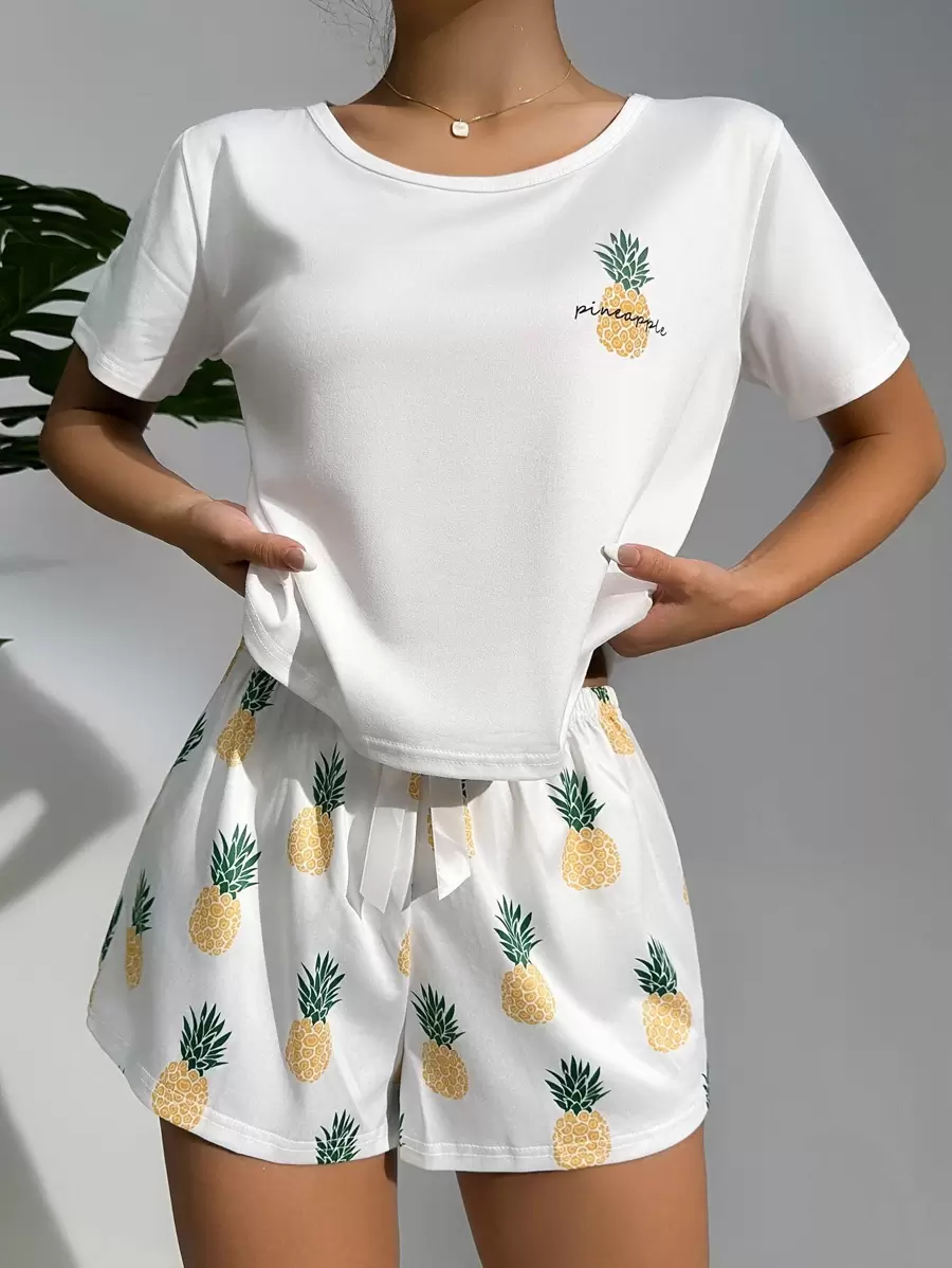Pineapple Print White Tee & Shorts PJ Set / Pajama Set - White - View 1
