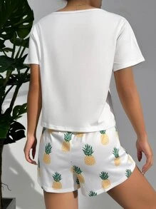 Pineapple Print White Tee & Shorts PJ Set / Pajama Set - White - View 2