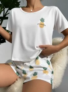 Pineapple Print White Tee & Shorts PJ Set / Pajama Set - White - View 3