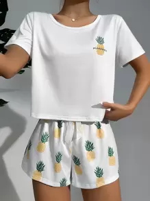 Pineapple Print White Tee & Shorts PJ Set / Pajama Set - White - View 5
