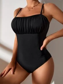 SHEIN Swim Summer Beach Ruched Bust One Piece Swimsuit - Black - View 3