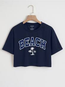 SHEIN EZwear Tropical And Letter Graphic Crop Tee - Navy Blue - View 1