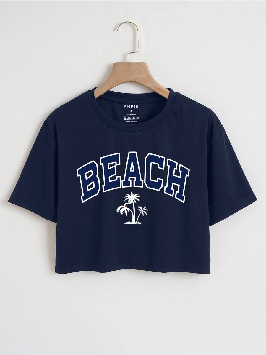 SHEIN EZwear Tropical And Letter Graphic Crop Tee - Navy Blue - View 1