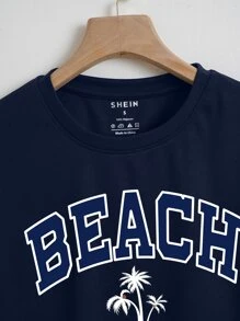 SHEIN EZwear Tropical And Letter Graphic Crop Tee - Navy Blue - View 3