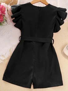 Girls Butterfly Sleeve Belted Romper - Black - View 2