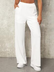VARSITIE Solid Slant Pocket Wide Leg Trousers - White - View 1