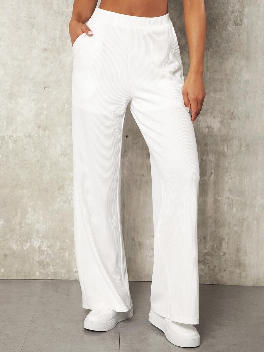 VARSITIE Solid Slant Pocket Wide Leg Trousers - White - View 1