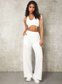 VARSITIE Solid Slant Pocket Wide Leg Trousers - White - View 4