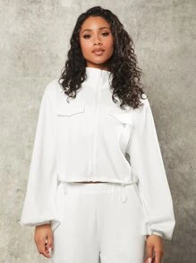 SHEINNeu Flap Detail Lantern Sleeve Crop Jacket - White - View 5