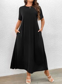 EMERY ROSE Plus Solid Hidden Pocket Tee Dress - Black - View 4