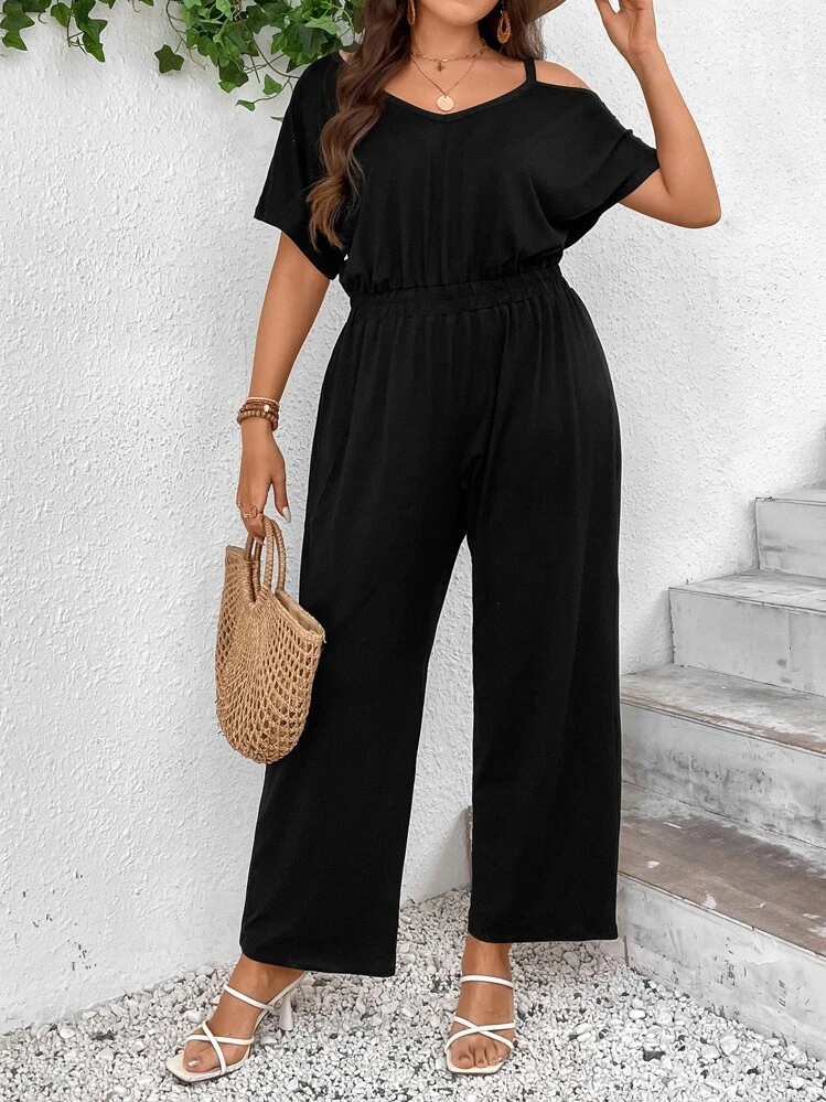 SHEIN LUNE Plus Asymmetrical Neck Batwing Sleeve Wide Leg Jumpsuit - Black - View 1