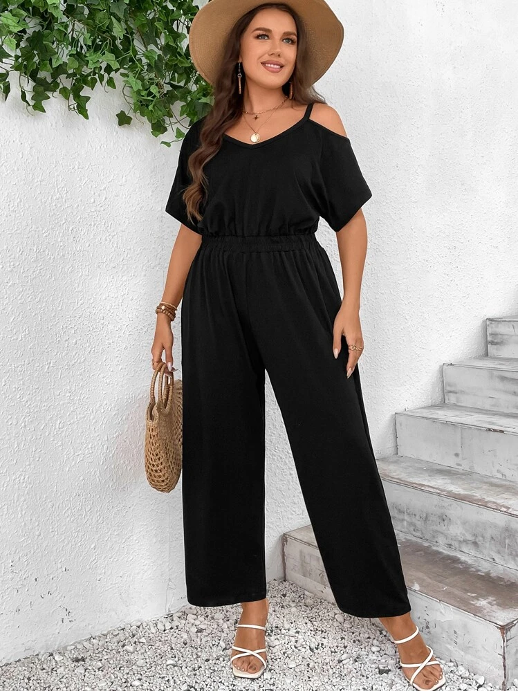 SHEIN LUNE Plus Asymmetrical Neck Batwing Sleeve Wide Leg Jumpsuit - Black - View 4