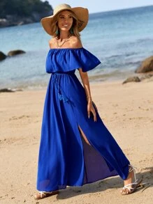 SHEIN VCAY Vestido con cinturón de hombros descubiertos de muslo con abertura - azul real - Ver 4