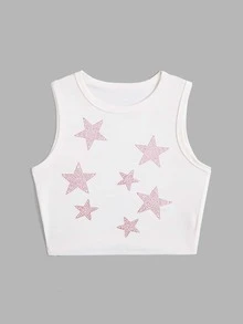 ROMWE Kawaii Star Rhinestone Tank Top - White - View 1