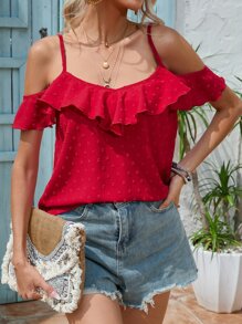SHEIN VCAY Swiss Dot Cold Shoulder Ruffle Trim Blouse - Red - View 4
