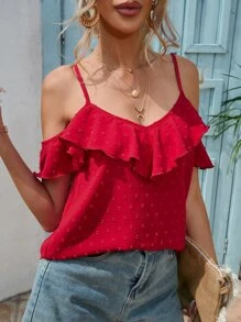 SHEIN VCAY Swiss Dot Cold Shoulder Ruffle Trim Blouse - Red - View 5