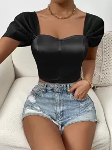 Allurite Sweetheart Neck Crop Satin Top - Black - View 1