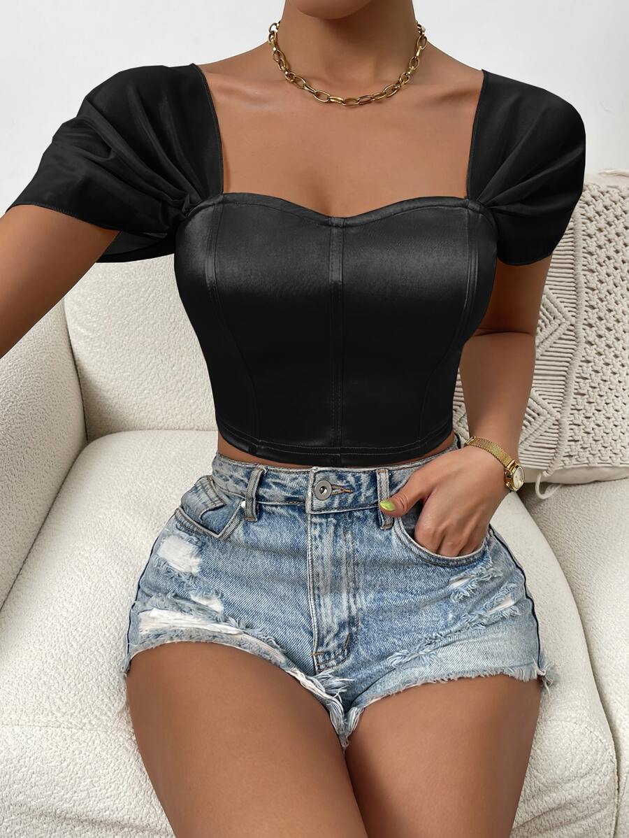 Allurite Sweetheart Neck Crop Satin Top - Black - View 1
