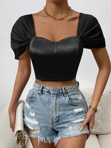 Allurite Sweetheart Neck Crop Satin Top - Black - View 3