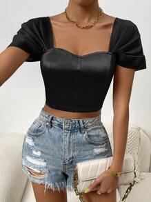 Allurite Sweetheart Neck Crop Satin Top - Black - View 4
