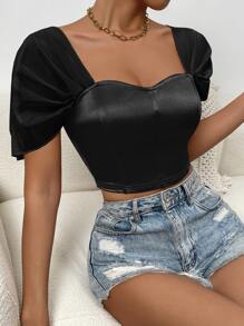 Allurite Sweetheart Neck Crop Satin Top - Black - View 5