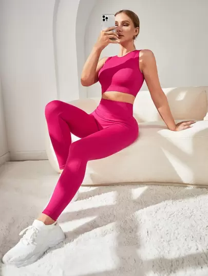 SHEIN Core Rhythm 无缝高弹运动套装女士健身套装女士紧身裤套装健身房女士服装