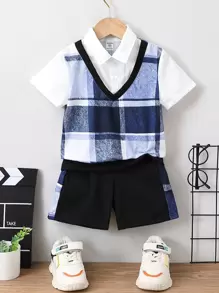 小男童格紋印花假兩件POLO衫和短褲