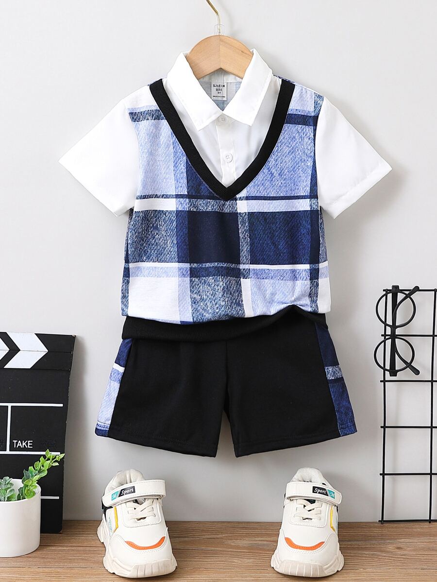 小男童格紋印花假兩件POLO衫和短褲