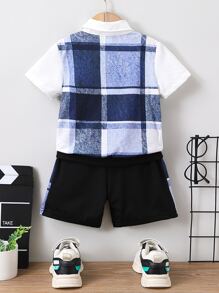 小男童格紋印花假兩件POLO衫和短褲
