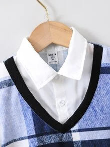 小男童格紋印花假兩件POLO衫和短褲