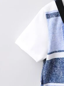 小男童格紋印花假兩件POLO衫和短褲