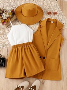 女孩西裝領西裝外套和吊帶背心和短褲和帽 - 彩色 - 查看 1