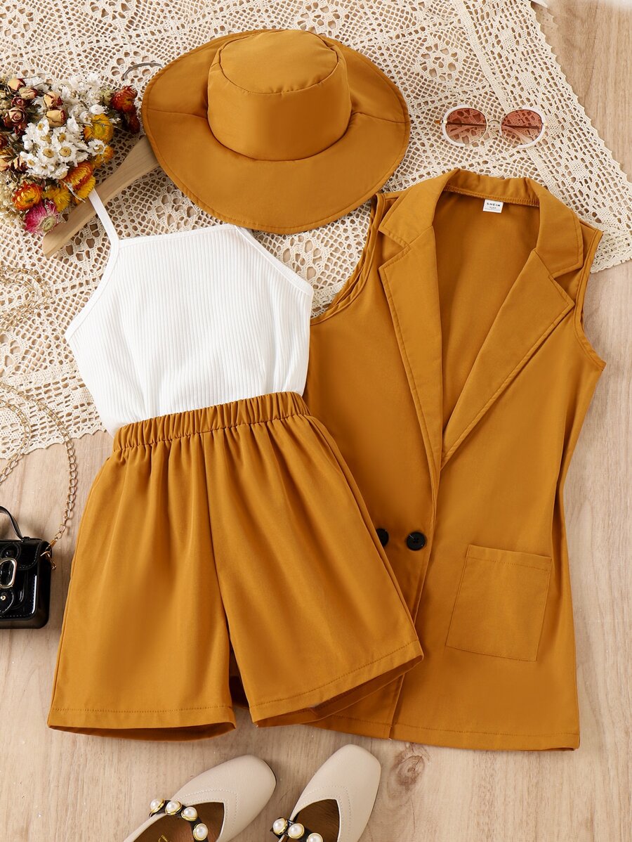 女孩西裝領西裝外套和吊帶背心和短褲和帽 - 彩色 - 查看 1