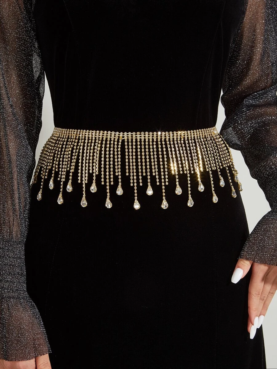 cái Phụ Nữ Rhinestone Tua Rua Trang Trí Sang Trọng Chain Belt - Vàng - Xem 1