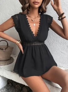 SHEIN Frenchy Guipure Lace Trim Peplum Blouse Casual Black - Black - View 5
