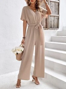 SHEIN Frenchy Áo liền quần nữ Thắt lưng Trọn gói màu trơn Giải trí - Màu Khaki - Xem 1