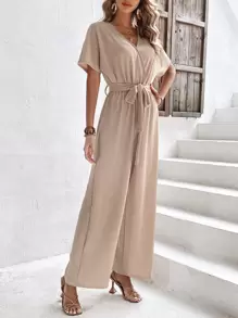SHEIN Frenchy Áo liền quần nữ Thắt lưng Trọn gói màu trơn Giải trí - Màu Khaki - Xem 3