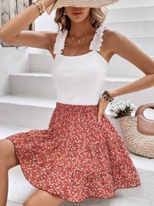 SHEIN Frenchy 褶邊寬帶上衣和碎花荷葉邊半身裙 - 彩色 - 查看 5