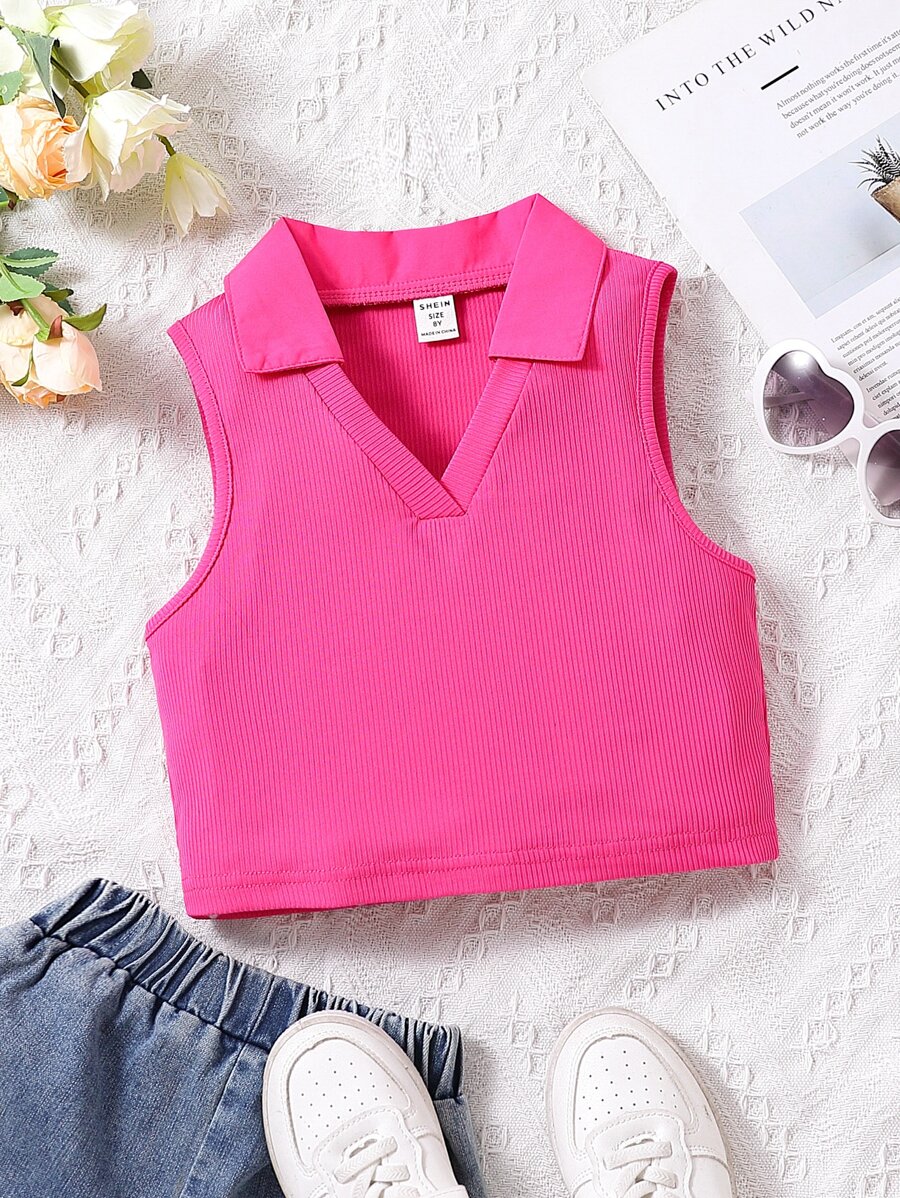 SHEIN Girls Solid Ribbed Knit Tank Top - Hot Pink - View 1