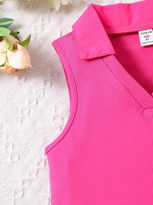 SHEIN Girls Solid Ribbed Knit Tank Top - Hot Pink - View 5