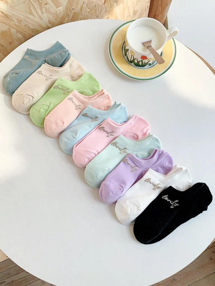 Frauen 10 Paar Knöchelsocken mit Buchstaben Grafik, lässig - Verschiedenfarbig - Übersicht 3
