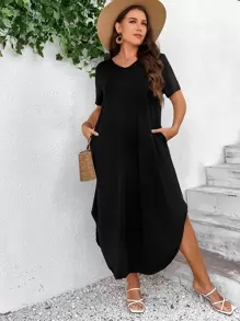 SHEIN LUNE 大碼隱藏口袋弧形下擺T恤洋裝 - 黑色 - 查看 5