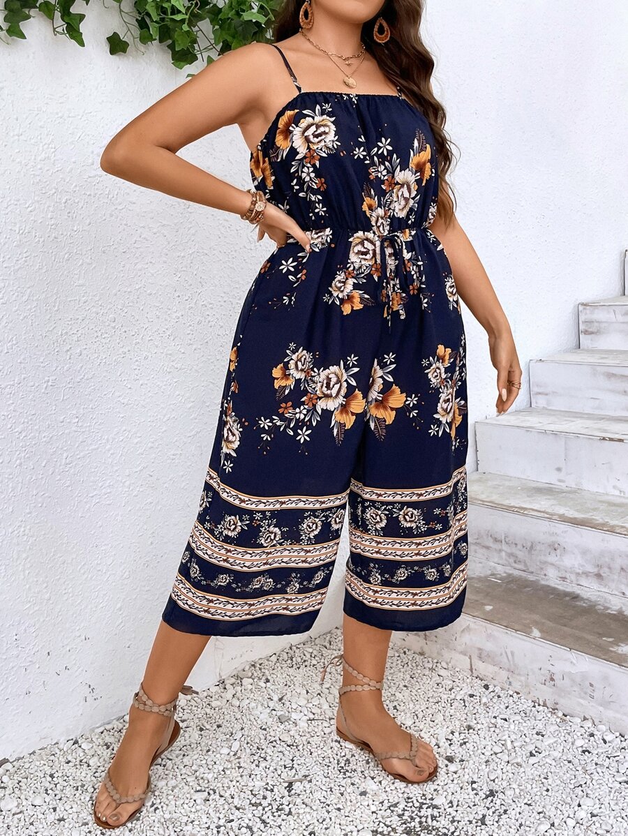 SHEIN VCAY 大碼印花前繫帶吊帶連體褲 - 藏蓝色 - 查看 1