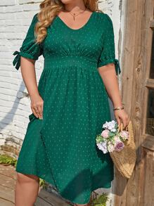 SHEIN Clasi 大碼圓點泡泡袖連衣裙 - 墨綠色 - 查看 1