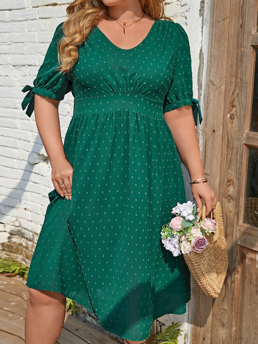 SHEIN Clasi 大碼圓點泡泡袖連衣裙 - 墨綠色 - 查看 1