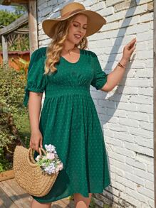 SHEIN Clasi 大碼圓點泡泡袖連衣裙 - 墨綠色 - 查看 5