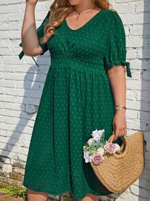 SHEIN Clasi 大碼圓點泡泡袖連衣裙 - 墨綠色 - 查看 6